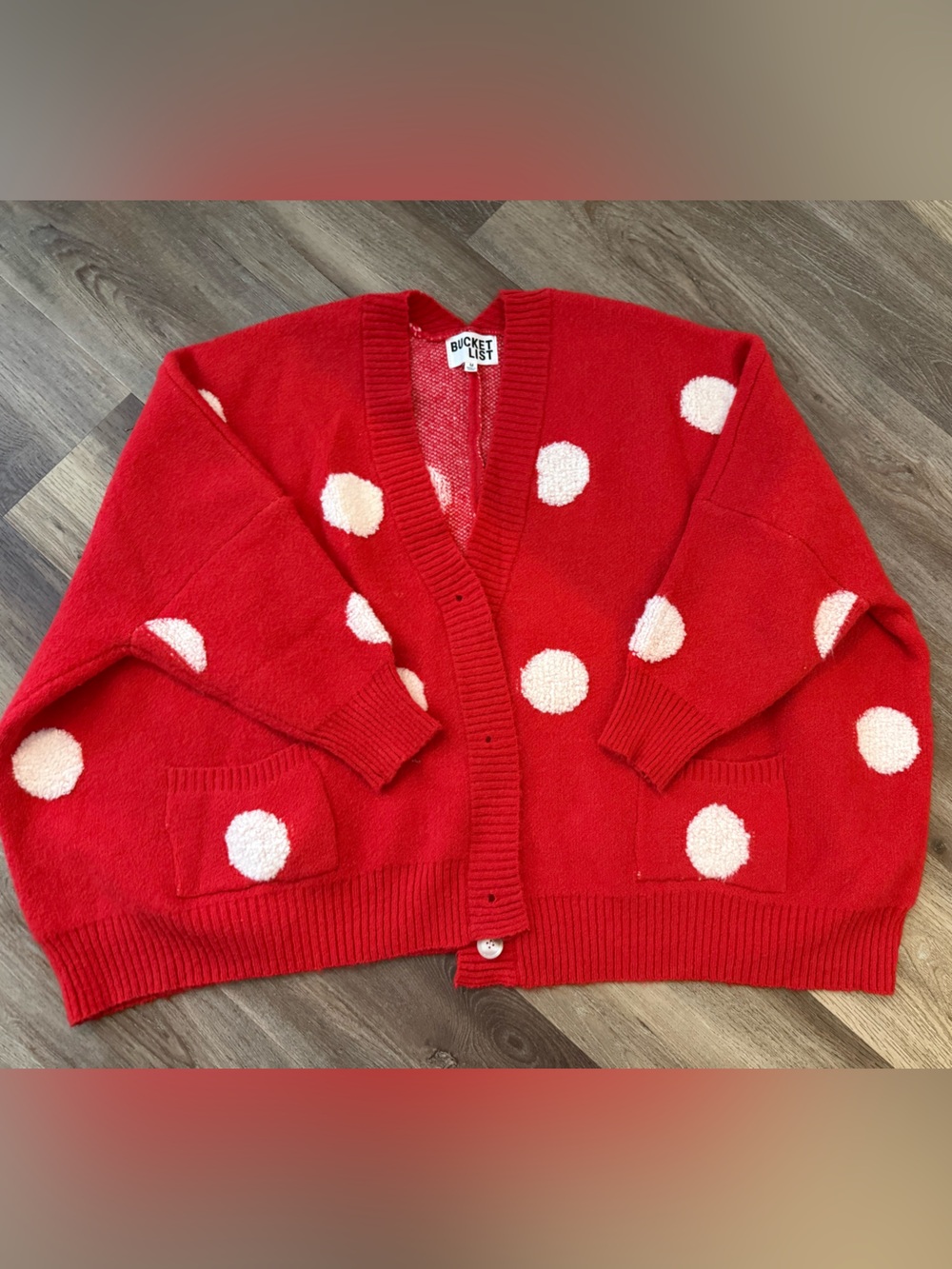 BUCKETLIST Red Cardigan with White Polka Dots